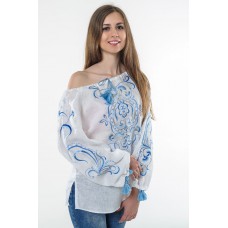 Boho Style Ukrainian Embroidered Folk  Blouse "Magic Herbs" blue on white